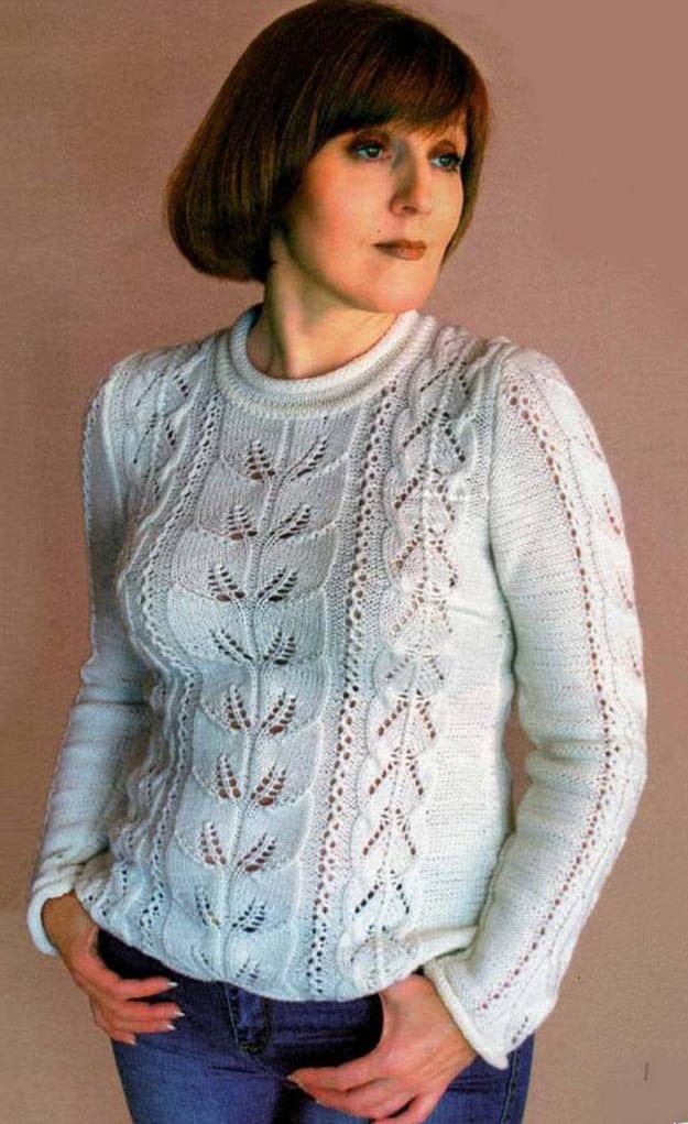 Free Knitting Patterns - Pullover with Lace and Leaf Patterns