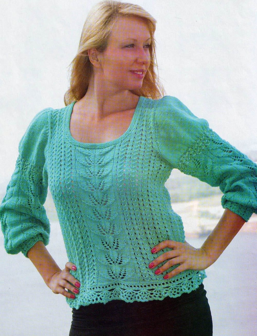 Free Knitting Patterns - Balloon sleeve sweater (turquoise)