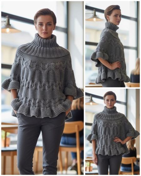 Poncho Sweater with a High Collar and Wide Ruffled Edges