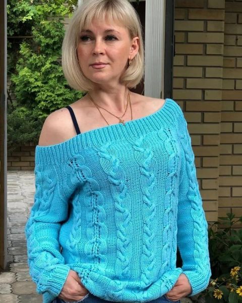Turquoise Pullover with Cables